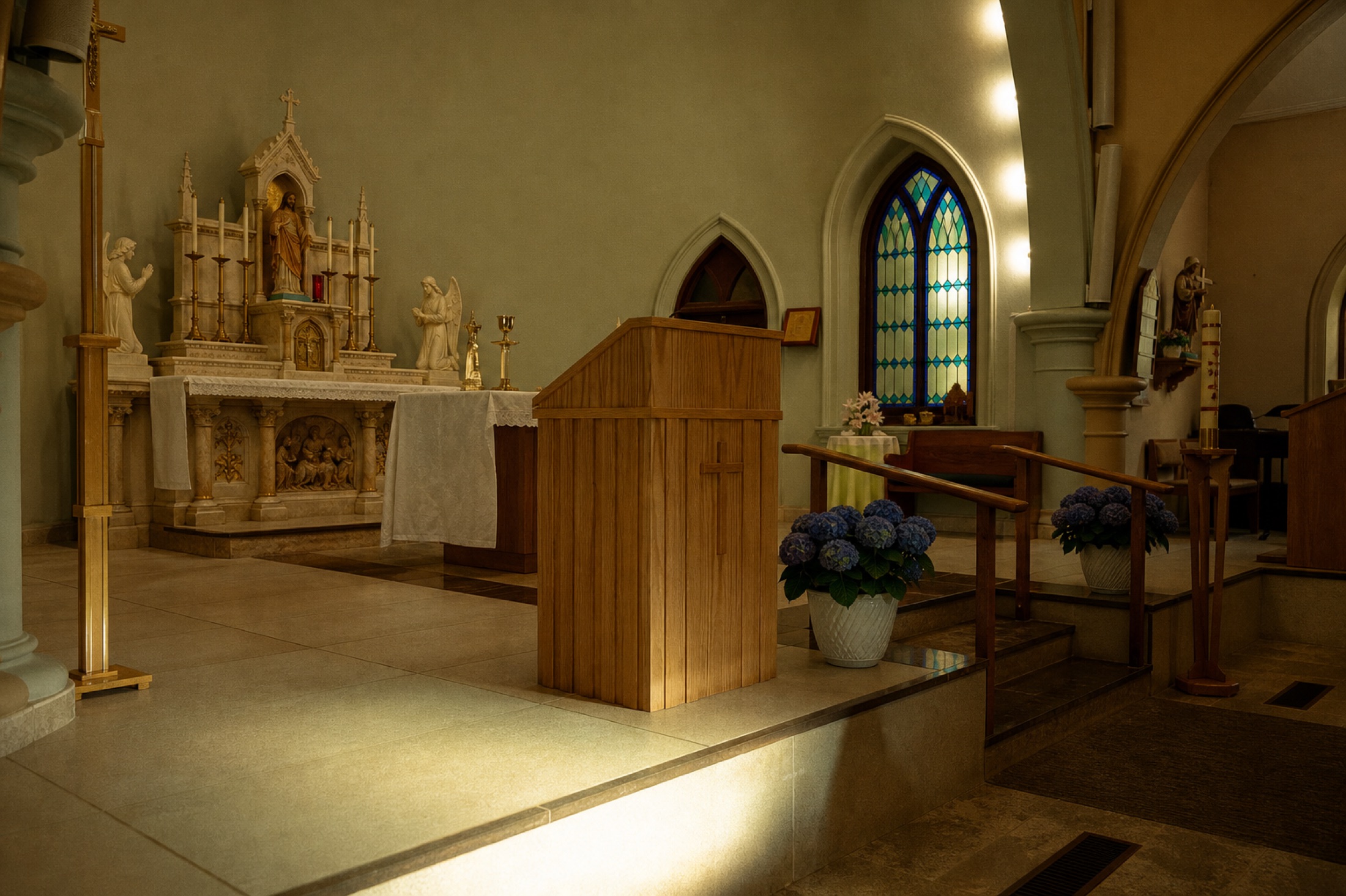 An empty altar and sanctuary awaiting the gathering