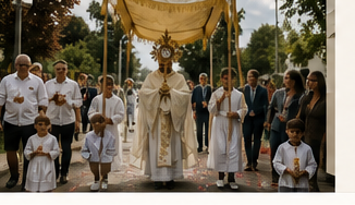 Corpus Christi procession with a priest carrying the monstrance under a canopy.