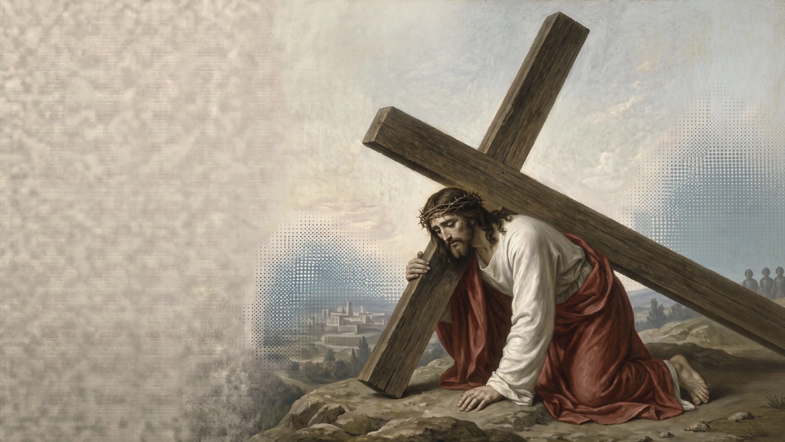 Jesus fallen beneath the cross at the third Station of the Cross