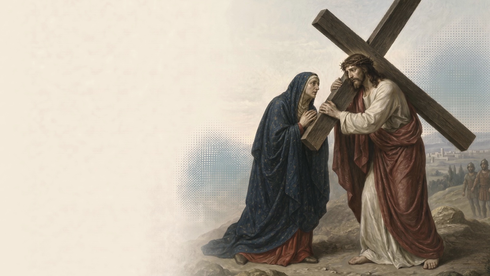 Mary meeting Jesus on the road to Calvary at the fourth Station of the Cross