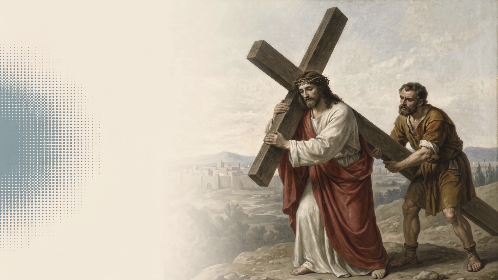 Simon of Cyrene helping Jesus carry the cross at the fifth Station of the Cross