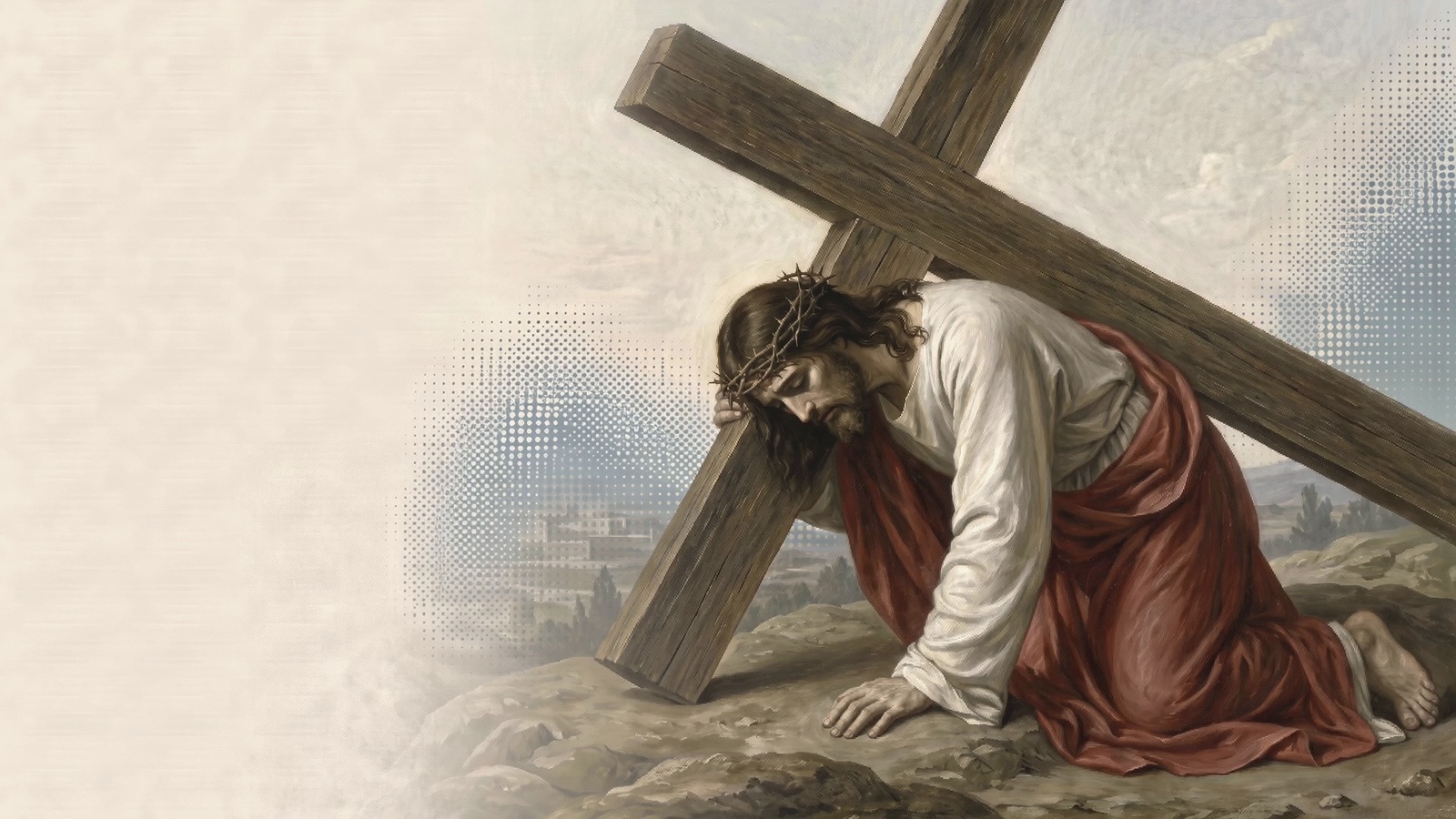 Jesus fallen a second time beneath the cross at the seventh Station of the Cross