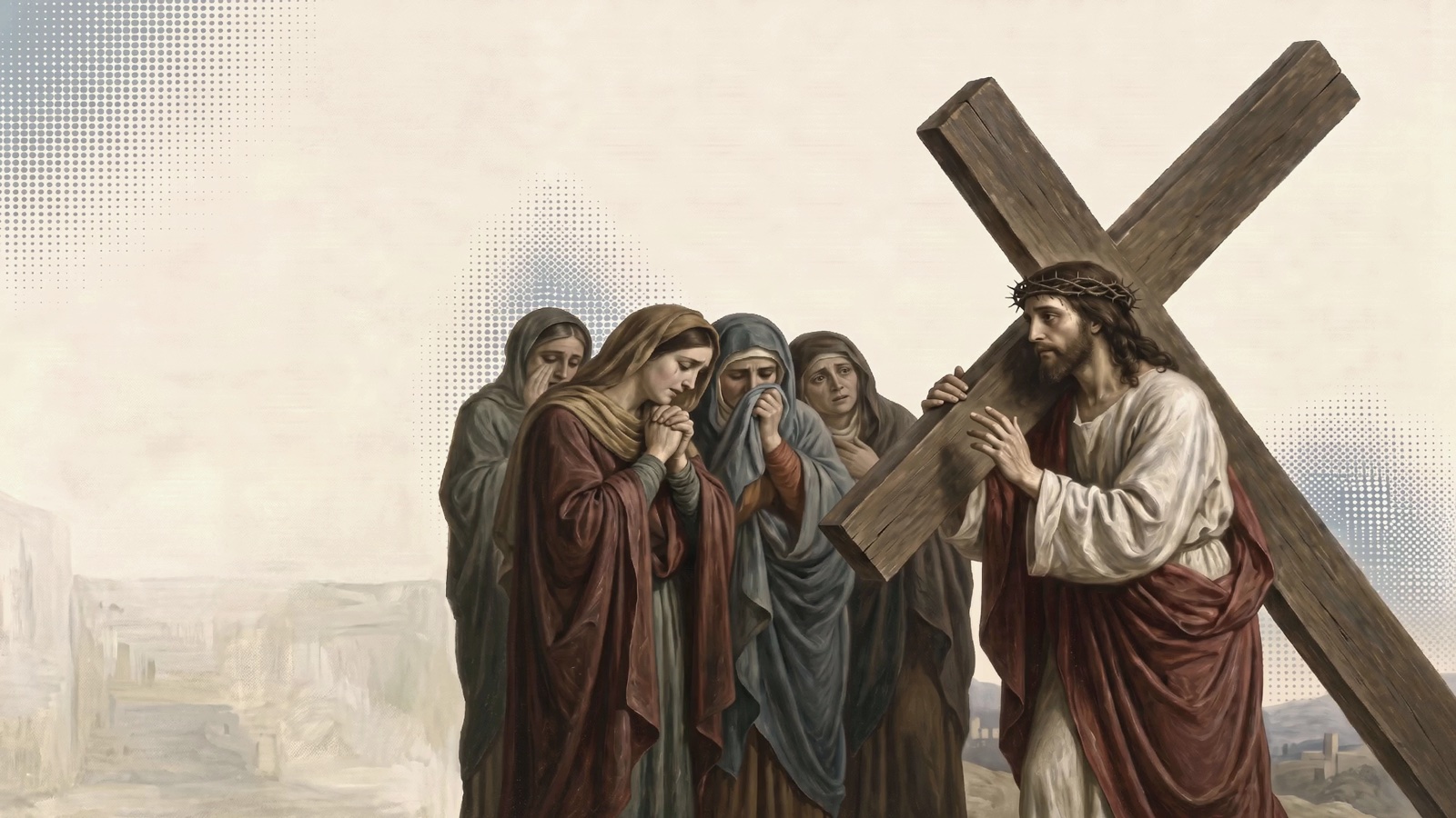 Jesus meeting the women of Jerusalem at the eighth Station of the Cross