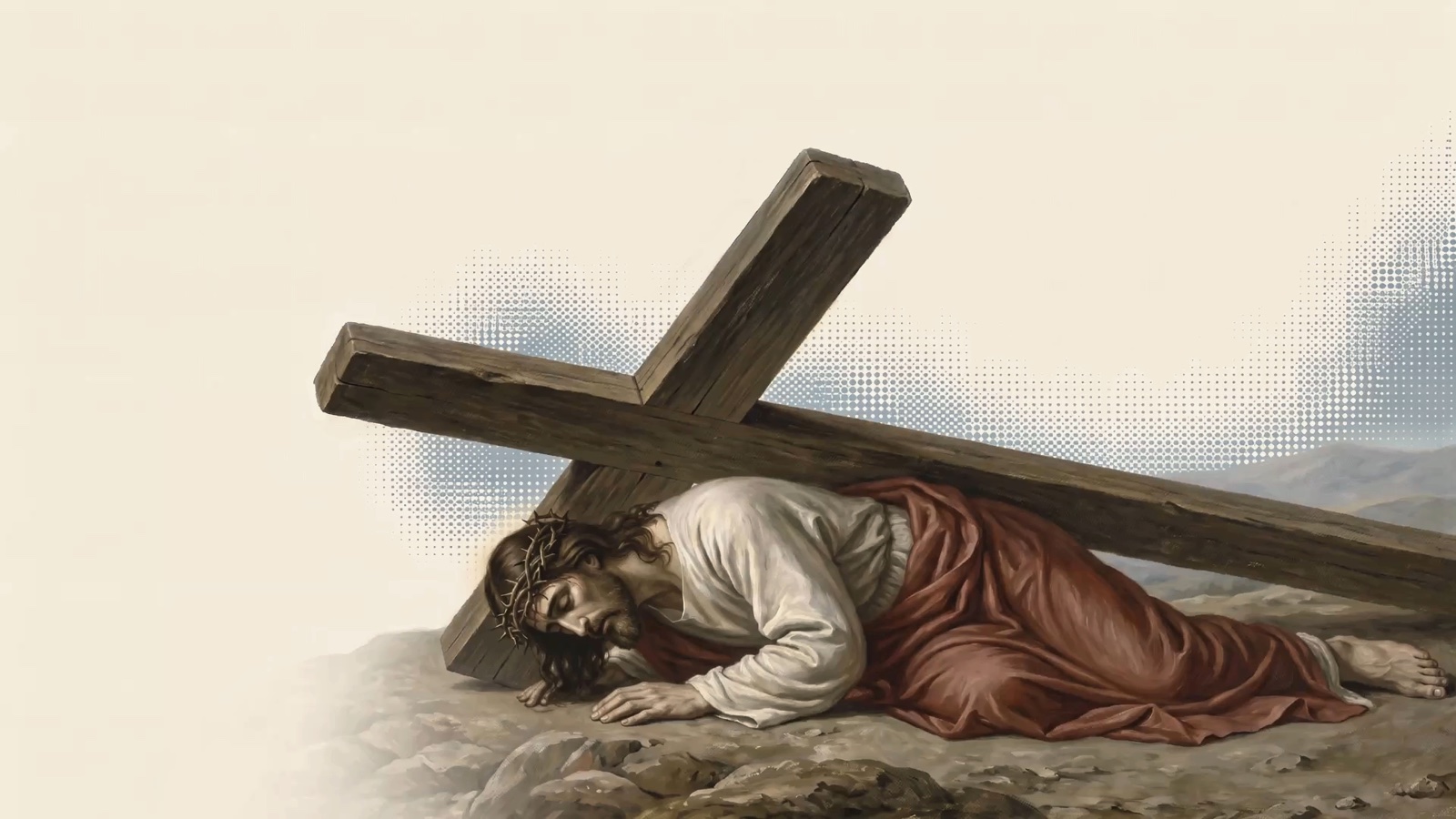 Jesus fallen a third time beneath the cross at the ninth Station of the Cross